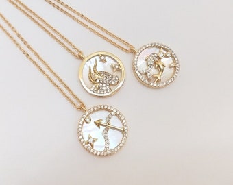 Gold Zodiac Necklace | Medallion Pendant | Coin Disc Jewelry | Silver Zodiac Necklace | Taurus, Gemini, Cancer, Leo | Mother's Day Gift