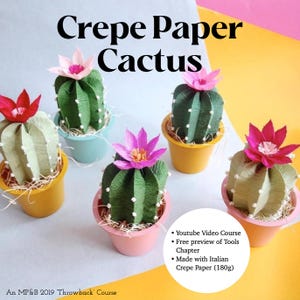 May include: A display of handmade crepe paper cacti, each with a paper flower bloom, presented in small, colourful pots. The image features the text "Crepe Paper Cactus" and information about the course, including the paper weight.