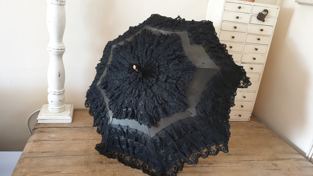 Victorian Mourning Parasol in Black Lace With Gold Silk Etsy