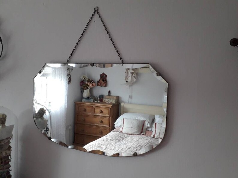 Large 1930s Shield Shaped Frameless Mirror With Faceted Glass Edge And Decorative Hanging Chain Decor Bedroom Living Bathroom