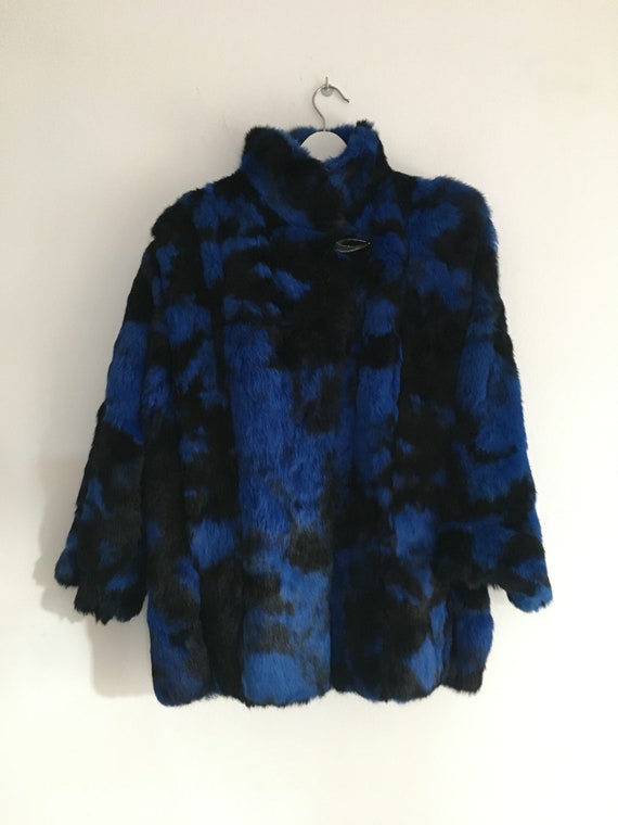 Blue Black rabbit full skin fur coat, genuine hood