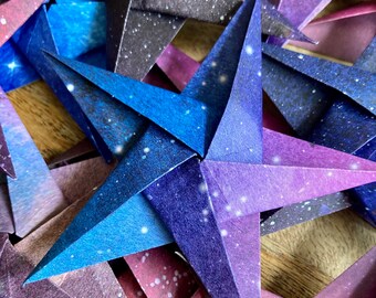 Blue and Purple Space Themed Origami Stars ~ Set of 10 Handmade Paper Stars ~ Universe and Galaxy Patterned Paper Decoration