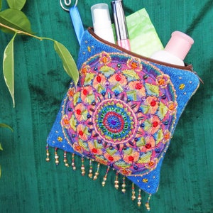 Handmade Beaded Mandala Evening Purse | Colourful Sequined Blue & Purple Cosmetics or Toiltry Bag