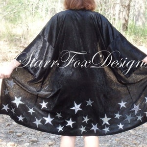 Black & Silver Long Star Coat, Witch or Wizard Crushed Velvet Duster Coat, Panne Velvet Gothic Celestial Tunic, Handmade Embroidered Kimono