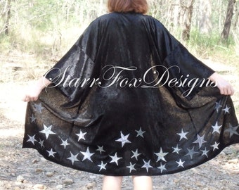 Black & Silver Long Star Coat, Witch or Wizard Crushed Velvet Duster Coat, Panne Velvet Gothic Celestial Tunic, Handmade Embroidered Kimono
