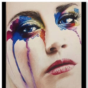 portrait aux crayons de couleur Rainbow tears/ portrait/ déco/ cadeau/fait main image 2