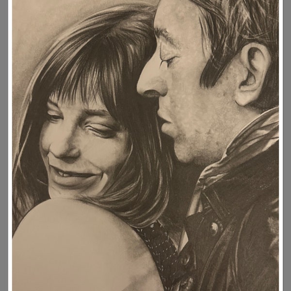 portrait de Jane Birkin et Serge Gainsbourg / portrait drawing / graphite/ portrait d'apres photo/ realisme/ drawing / cadeau unique /