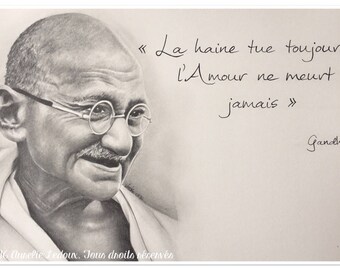 Portrait avec citation au crayon graphite de •• Gandhi ••