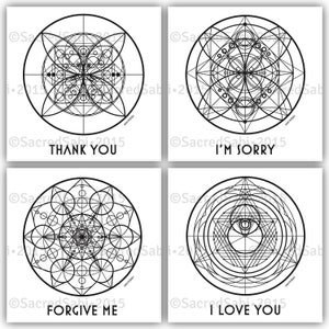 May include: Four black and white geometric designs with the words "Thank You", "I'm Sorry", "Forgive Me", and "I Love You" printed below each design.