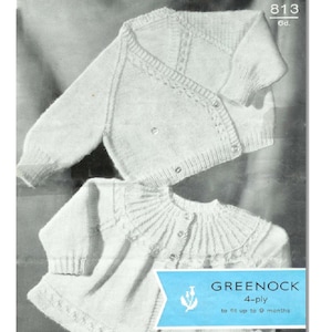 May include: A vintage knitting pattern for a baby cardigan and matching jacket. The pattern is for a 4-ply yarn and is designed to fit babies up to 9 months old. The pattern is called "Greenock" and is from Flossy and Dot.