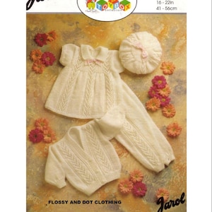 May include: Knitting pattern for a baby outfit, including a dress, cardigan, trousers, and hat. The pattern is called "Flossy and Dot Clothing" and is available on the website www.flossyanddot.com. The pattern is for sizes 16-22 inches (41-56 cm).