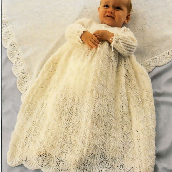 Patron vintage Robe de baptême tricotée pour bébé et châle PDF Download