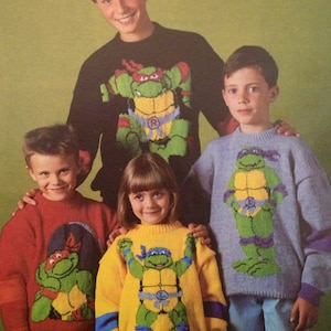 Patrón Vintage Tortugas Ninja Adolescentes Mutantes Jumpers adultos y niños Patrones de tejer PDF Descargar