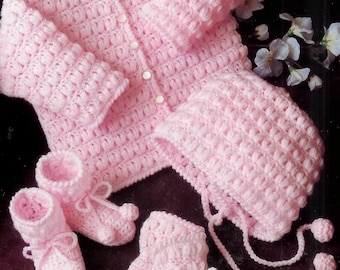 Vintage Pattern Crochet Baby Girl Set Jacket Cap Mitts and Bootees PDF Download