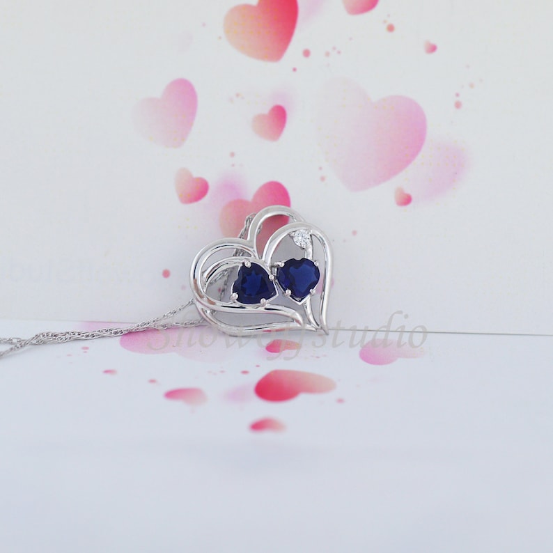 Personalized Birthstone Double Heart Pendant Two-Stone Heart Necklace Pendant Sterling Silver Mother/'s day Gift For Her Sapphire Pendant