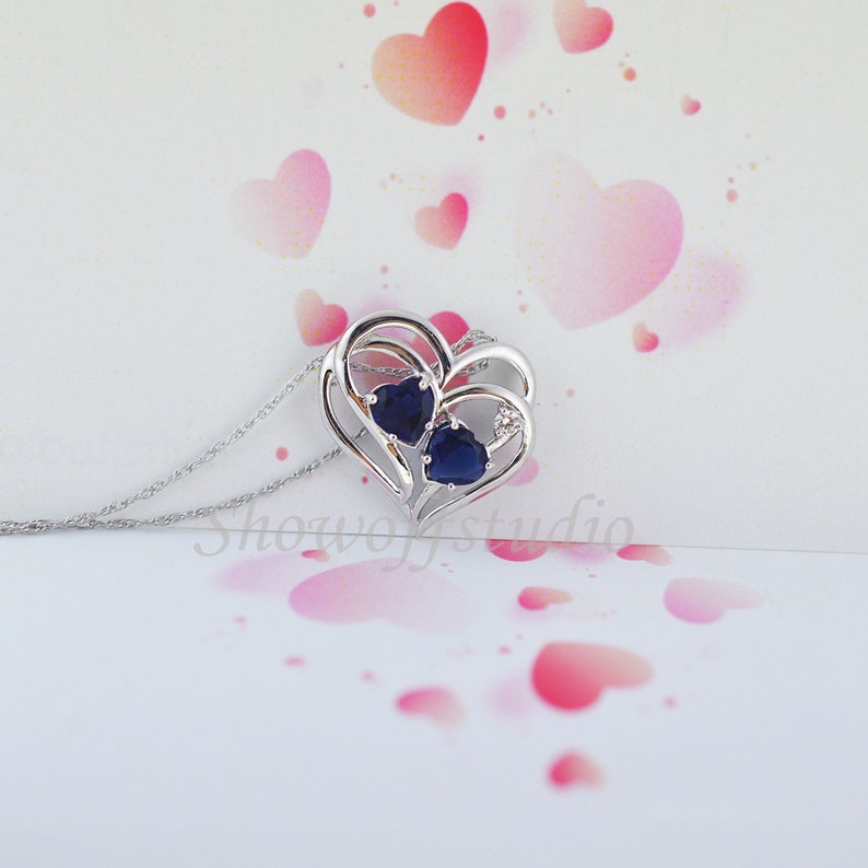 Personalized Birthstone Double Heart Pendant Two-Stone Heart Necklace Pendant Sterling Silver Mother/'s day Gift For Her Sapphire Pendant