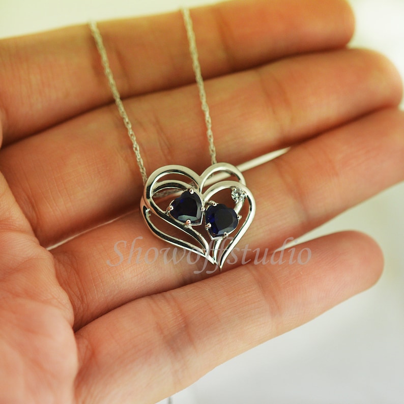 Personalized Birthstone Double Heart Pendant Two-Stone Heart Necklace Pendant Sterling Silver Mother/'s day Gift For Her Sapphire Pendant