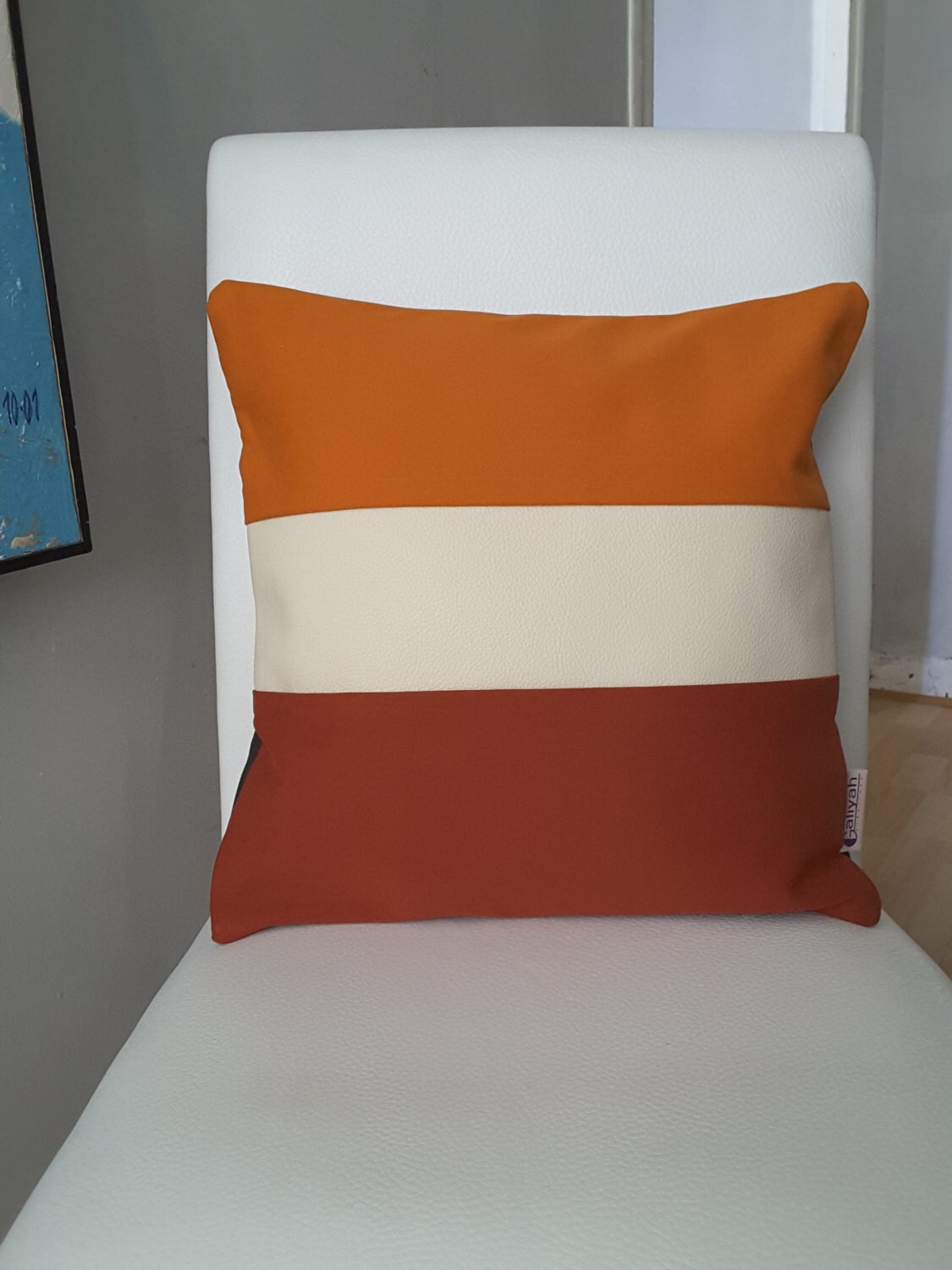 Housse de Coussin Réversible, Cuir et Tissu, Coussin Carré, Orange Blanc Brique/ Chocolat Taupe, 40x