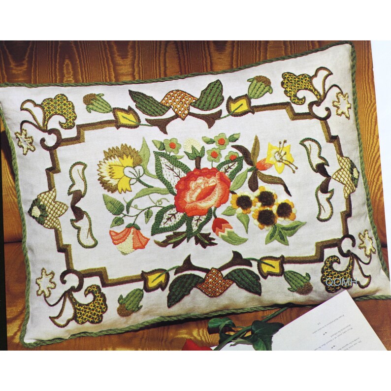 Erica Wilson Red Floral Jacobean Large Vtg Crewel Pillow Kit Etsy