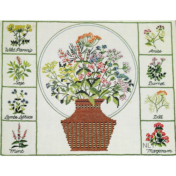 BOUQUET OF HERBS Vintage Stamped Cross Stitch Kit Cottage Core Wicker Basket