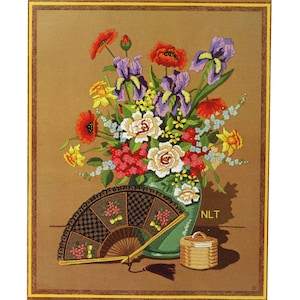 FAN & FLOWERS Vintage Crewel Embroidery Kit Barbara Randy Jennings Cottage Core Oriental
