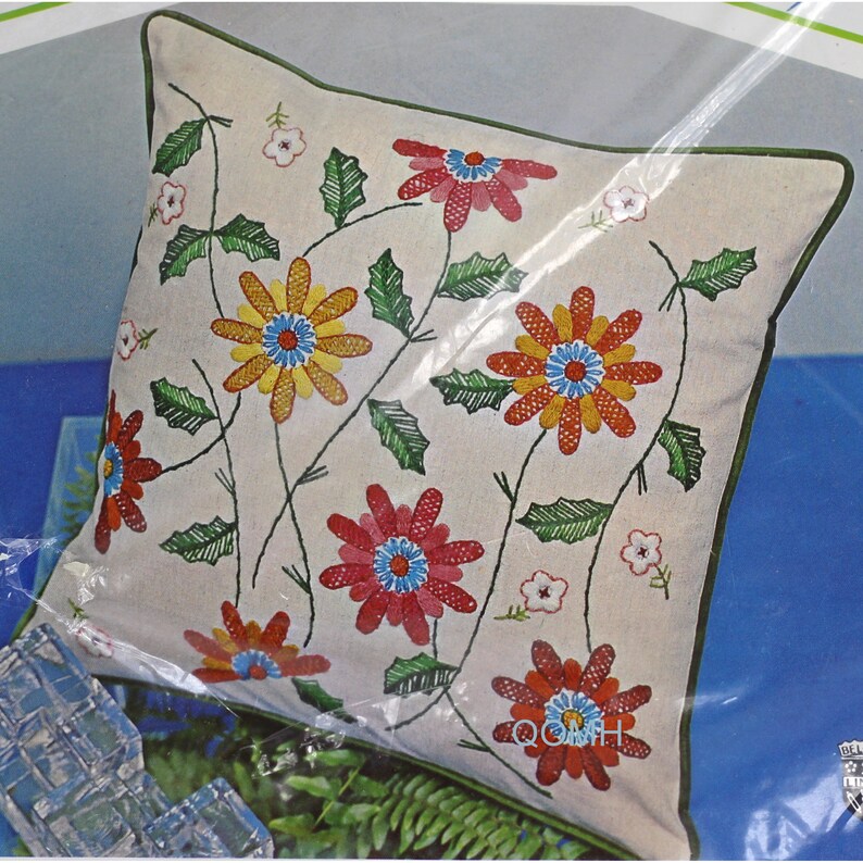 Flower Shower Vintage Crewel Pillow Kit Retro Mid Century Etsy