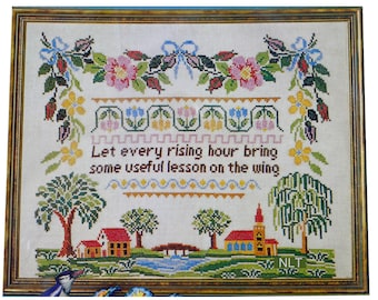 Let EVERY RISING HOUR  Vintage Stamped Cross Stitch Kit Sampler Church Pastorial Floral Swag Cottage Core Boho