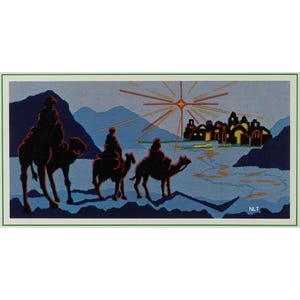May include: A rectangular print featuring a dark blue silhouette of three figures riding camels across a landscape toward a distant city. A bright, multi-pointed star shines in the sky above the city. The letters NLT are printed in the bottom right corner.