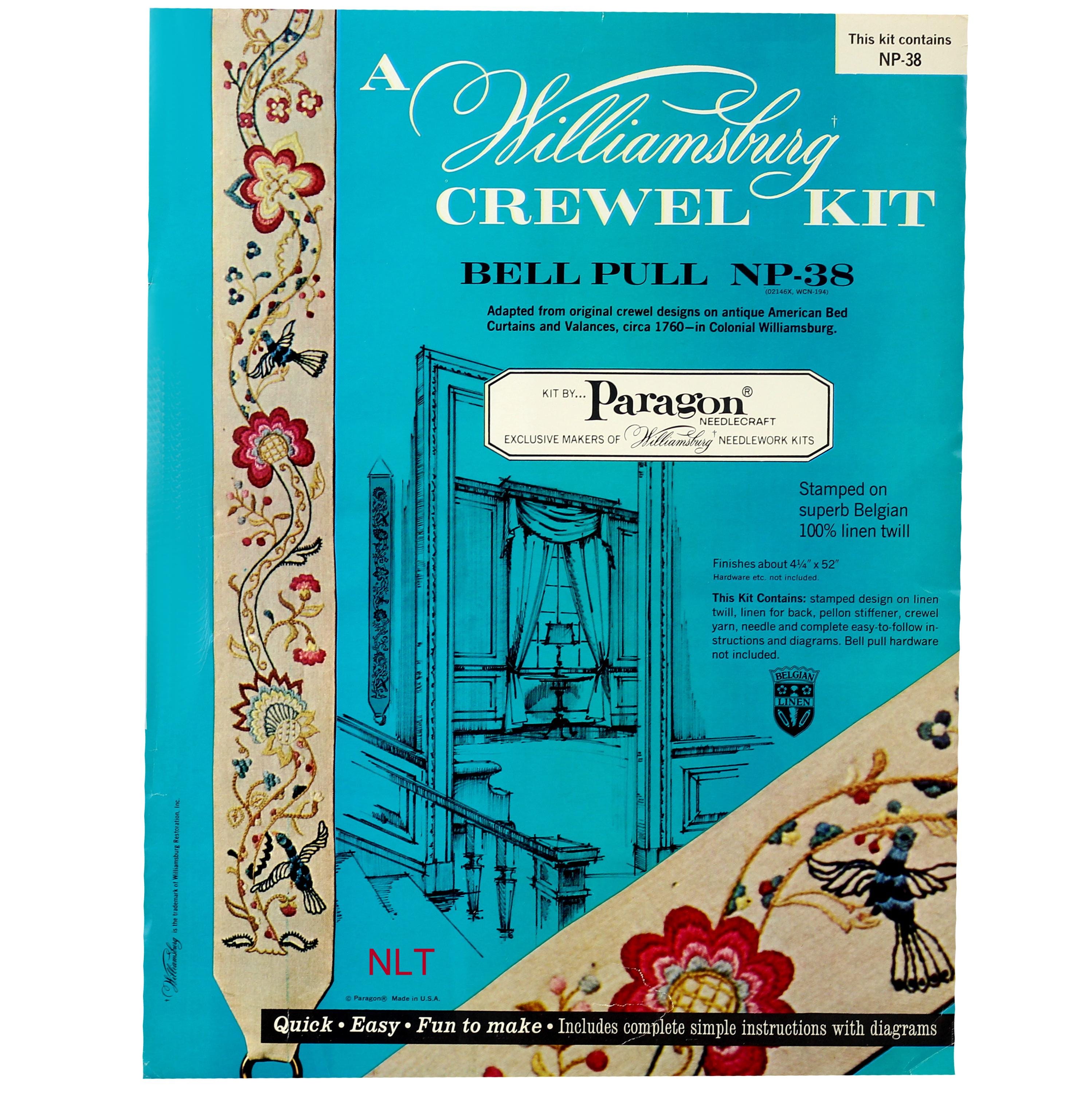 WILLIAMSBURG BELL PULL Vintage Crewel Embroidery Kit Jacobean Scrolling Vine Birds Linen Twill