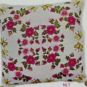 PINK EGLENTINE PILLOW Vintage Crewel Embroidery Kit Cottage Core Butterflies Colorful Floral