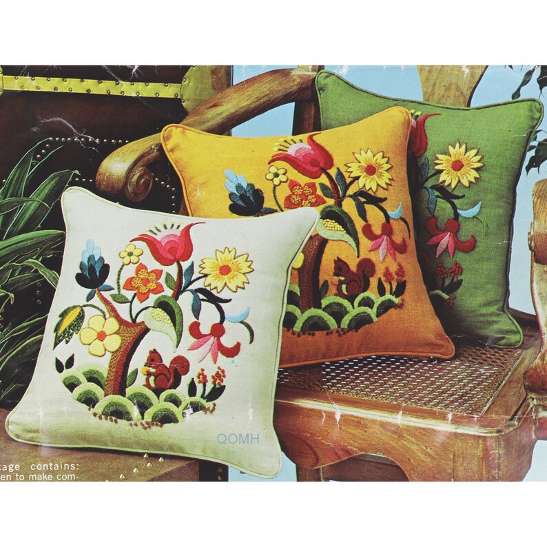 Paragon Jacobean Vtg Crewel Pillow Kit Squirrel Tulips Tree Of Etsy