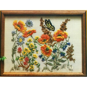 SUNSHINE GARDEN Vintage Crewel Embroidery Kit Butterfly Flowers Cottage Core Boho