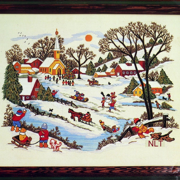 WINTER DAYS Vintage Crewel Embroidery Kit Snowman Sleds Church Adele Veres