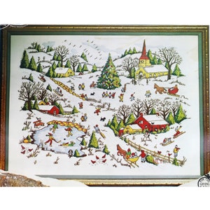 May include: A framed print depicting a winter village scene with snow-covered hills, a church, red houses, and evergreen trees. People are shown ice skating on a pond, sledding down hills, and riding in horse-drawn sleighs in a festive landscape.