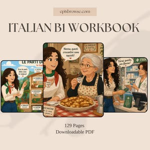 Può includere: Quaderno di lavoro italiano B1 con illustrazioni. La copertina mostra il testo "Italian B1 Workbook" e "epixbrowse.com". Il quaderno contiene illustrazioni della vita italiana, con testo in italiano. Il quaderno è di 129 pagine ed è un PDF scaricabile.