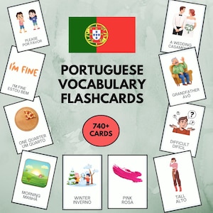 Könnte beinhalten: Ein Set portugiesischer Vokabelkarten mit dem Text PORTUGUESE VOCABULARY FLASHCARDS und 740+ CARDS. Die Karten zeigen Illustrationen einer Hochzeit, eines Großvaters, eines Pizzastücks, einer Winterszene und einer Person mit zweisprachigem Text.