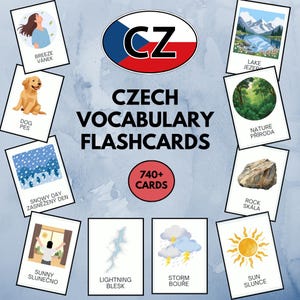 Könnte beinhalten: Ein Set tschechischer Vokabel-Lernkarten mit über 740 Karten, die Illustrationen und zweisprachigen Text enthalten. Die Karten zeigen verschiedene Szenen, darunter eine Person, einen Hund, einen See, einen Wald, einen Felsen, einen verschneiten Tag, einen sonnigen Tag, Blitze, ein Gewitter und die Sonne.