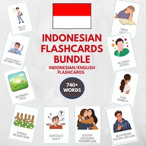 Puede incluir: Un paquete de tarjetas didácticas en indonesio e inglés con la bandera de Indonesia en la parte superior y el texto INDONESIAN FLASHCARDS BUNDLE, INDONESIAN/ENGLISH FLASHCARDS y 740+ WORDS. Las tarjetas muestran ilustraciones con etiquetas bilingües.
