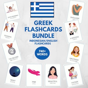Può includere: Un set di flashcard greche contenente oltre 740 parole con testo in indonesiano e inglese. Il set include varie carte illustrate che raffigurano concetti come spalla, matrimonio, fidanzata, padre, bello, rosa, notte, secondo, arrivederci e buongiorno.