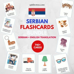 Puede incluir: Un conjunto de tarjetas didácticas serbias con traducciones al inglés. Las tarjetas presentan varias ilustraciones, como una mesa, aperitivos, una bufanda, gafas de sol, un camión y una lámpara. El paquete incluye más de 740 tarjetas.