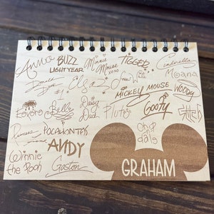 Engraved Wood Inspired Disney Character Autographs Autograph Notebook|| Disney Autograph Book|| Disney Signature|| Disney World||
