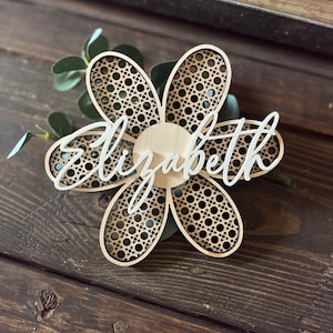 3D Rattan Daisy Baby Name Announcement Wooden Sign || Acrylic 3D Name|| Custom Baby Gift || Newborn Photo|| Cane Design