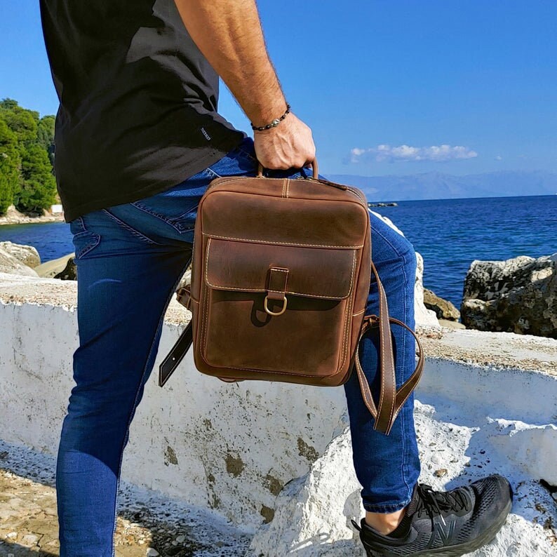 Men Backpack Leather Rucksack Ellada Unisex Backpack Brown Leather Backpack Women Backpack