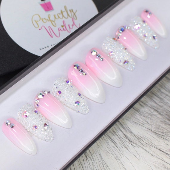 Pink To White Ombre Nails With Genuine Swarvski Crystals And Etsy