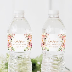 Étiquettes de bouteille d'eau personnalisées modifiables en or rose, modèle d'étiquettes de bouteille d'eau bricolage floral bohème, étiquette imprimable, téléchargement immédiat 025-RG