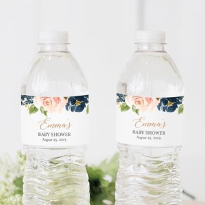 Étiquettes modifiables florales bleu marine pour bouteille d'eau, modèle d'étiquettes pour bouteille d'eau floral rose bleu, étiquettes Boho imprimables, téléchargement immédiat 041-W