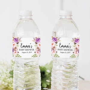 Étiquettes de bouteille d'eau personnalisées modifiables florales violettes, modèle d'étiquettes de bouteille d'eau Boho DIY, étiquette imprimable, téléchargement immédiat 030-W