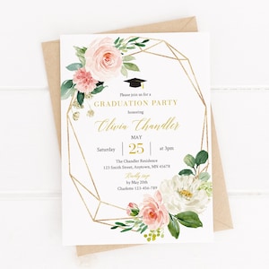 Blush Gold Geometric Editable Graduation Party Invitation, Pink Floral Printable Invite Template, Graduation Party, Instant Download 038-W