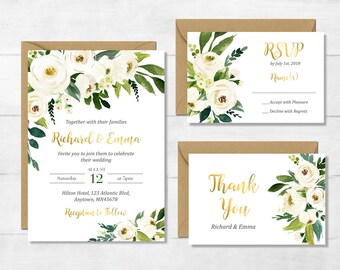 White Gold Green Floral Printable Wedding Invitation Suite, Boho Wedding Invite Floral Wedding Invite Greenery Wedding Invite Download 117-W