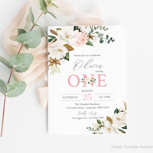 Magnolia First Birthday Editable Invitation, Printable White Blush Floral Invite Template, Magnolia Cotton Invite, Instant Download 037-W